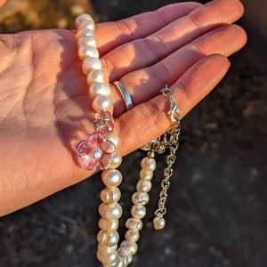 Real White Pearl Choker Pink Flower Pendant Necklace - Chechen Pearls